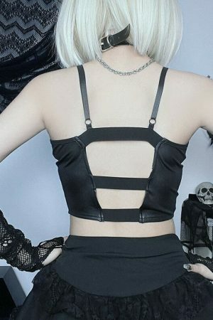 Grunge Punk Bandage Hollow Out Crop Top Gothic Fishnet Patchwork Camis