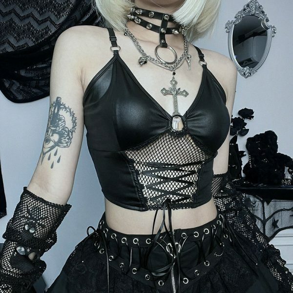 Grunge Punk Bandage Hollow Out Crop Top Gothic Fishnet Patchwork Camis