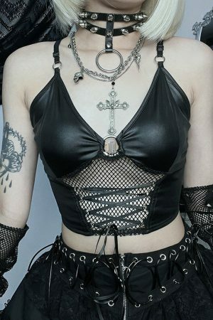 Grunge Punk Bandage Hollow Out Crop Top Gothic Fishnet Patchwork Camis