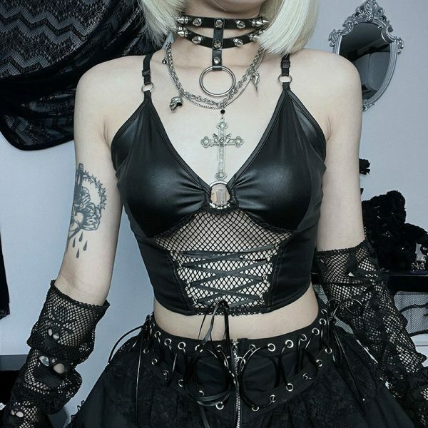 Grunge Punk Bandage Hollow Out Crop Top Gothic Fishnet Patchwork Camis