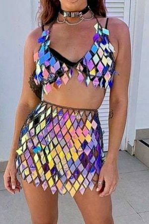 Handcrafted Sequins Patchwork 2-Piece Y2K Streetwear Set - Sexy Clubwear Crop Top with Mini Skirt