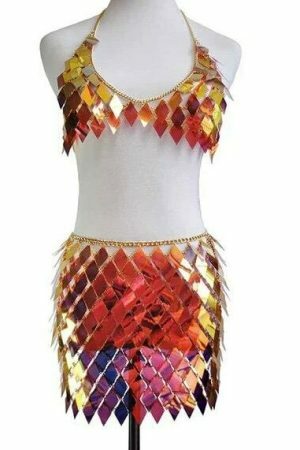 Handcrafted Sequins Patchwork 2-Piece Y2K Streetwear Set - Sexy Clubwear Crop Top with Mini Skirt