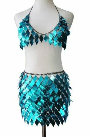 Handcrafted Sequins Patchwork 2-Piece Y2K Streetwear Set - Sexy Clubwear Crop Top with Mini Skirt