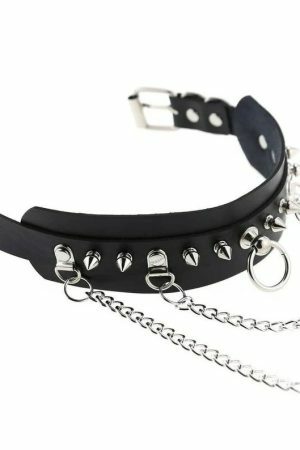 Handmade Black Leather Stud Chain Necklace for Halloween Punk Y2K Costume