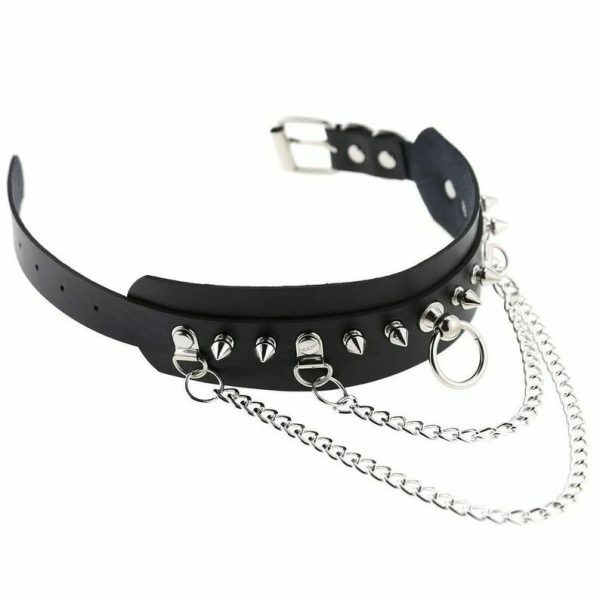 Handmade Black Leather Stud Chain Necklace for Halloween Punk Y2K Costume