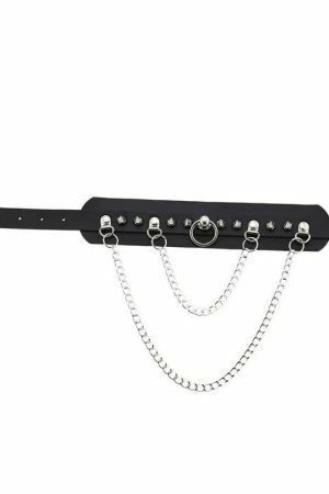 Handmade Black Leather Stud Chain Necklace for Halloween Punk Y2K Costume