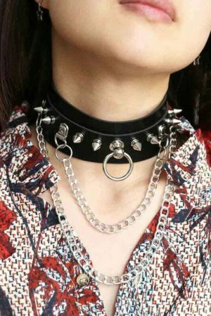 Handmade Black Leather Stud Chain Necklace for Halloween Punk Y2K Costume