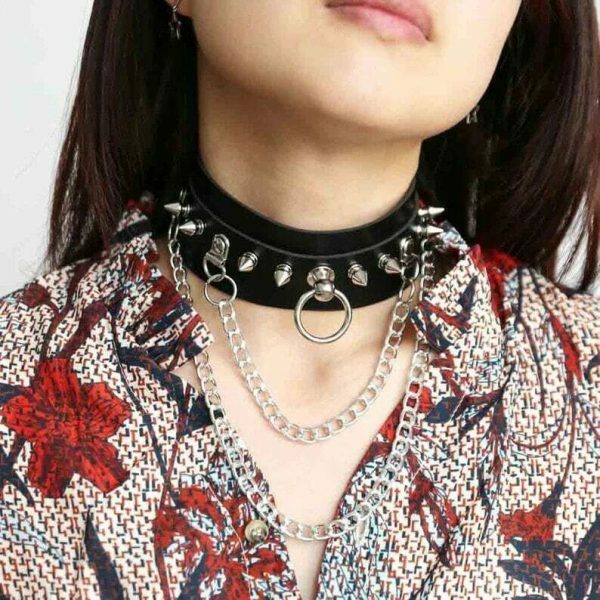 Handmade Black Leather Stud Chain Necklace for Halloween Punk Y2K Costume