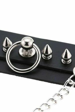 Handmade Black Leather Stud Chain Necklace for Halloween Punk Y2K Costume