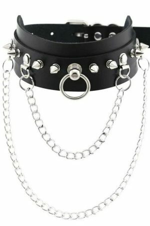 Handmade Black Leather Stud Chain Necklace for Halloween Punk Y2K Costume