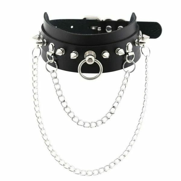 Handmade Black Leather Stud Chain Necklace for Halloween Punk Y2K Costume