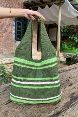 Handmade Knitted Y2K Streetwear Shoulder Bag with Striped Design in Green, Grey, or Brown