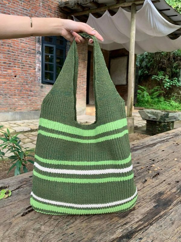 Handmade Knitted Y2K Streetwear Shoulder Bag with Striped Design in Green, Grey, or Brown