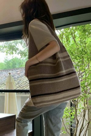 Handmade Knitted Y2K Streetwear Shoulder Bag with Striped Design in Green, Grey, or Brown