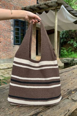 Handmade Knitted Y2K Streetwear Shoulder Bag with Striped Design in Green, Grey, or Brown