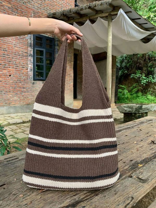 Handmade Knitted Y2K Streetwear Shoulder Bag with Striped Design in Green, Grey, or Brown