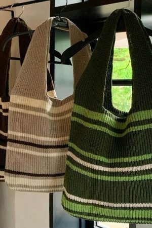 Handmade Knitted Y2K Streetwear Shoulder Bag with Striped Design in Green, Grey, or Brown