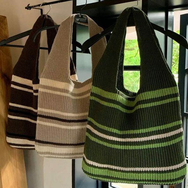 Handmade Knitted Y2K Streetwear Shoulder Bag with Striped Design in Green, Grey, or Brown