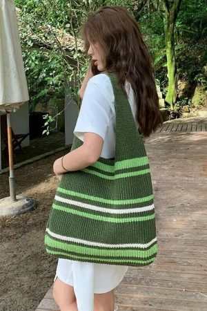 Handmade Knitted Y2K Streetwear Shoulder Bag with Striped Design in Green, Grey, or Brown