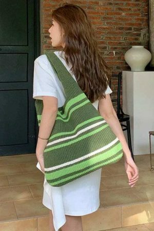 Handmade Knitted Y2K Streetwear Shoulder Bag with Striped Design in Green, Grey, or Brown