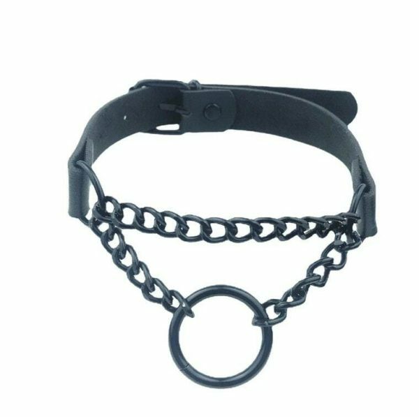 Handmade Leather Circle Collar Necklace with Dark Punk Style for Y2K Aesthetic