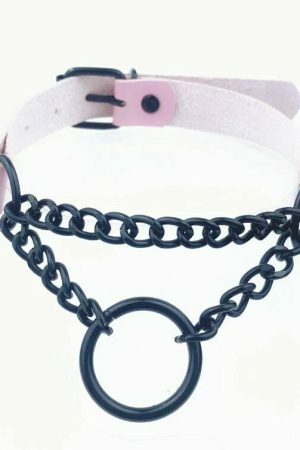 Handmade Leather Circle Collar Necklace with Dark Punk Style for Y2K Aesthetic