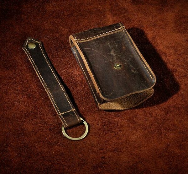 Handmade Leather Key Holder with Pull Strap and Keychain