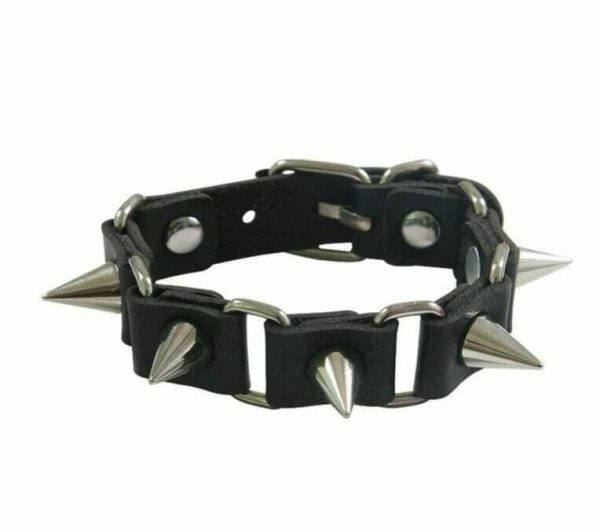 Handmade Leather Spike Rivet Cuff Metal Studded Black Bracelet