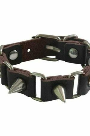 Handmade Leather Spike Rivet Cuff Metal Studded Black Bracelet