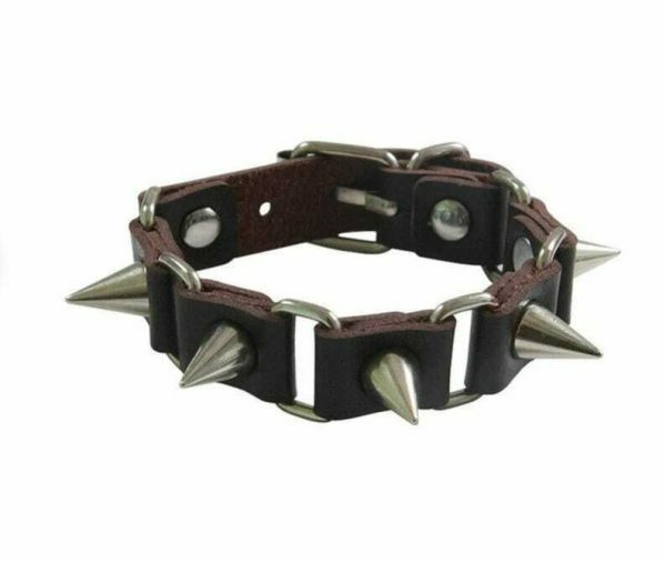 Handmade Leather Spike Rivet Cuff Metal Studded Black Bracelet