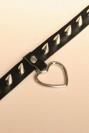 Handmade PU Leather Choker with O-Ring Spike Rivets and Love Heart Detail