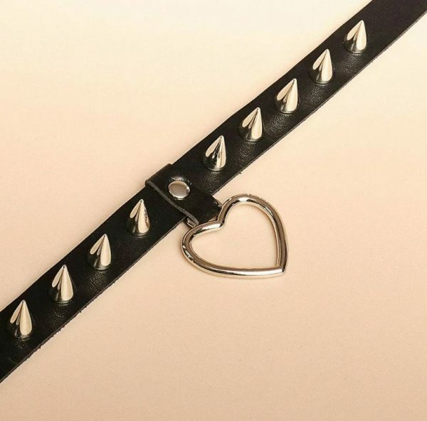 Handmade PU Leather Choker with O-Ring Spike Rivets and Love Heart Detail