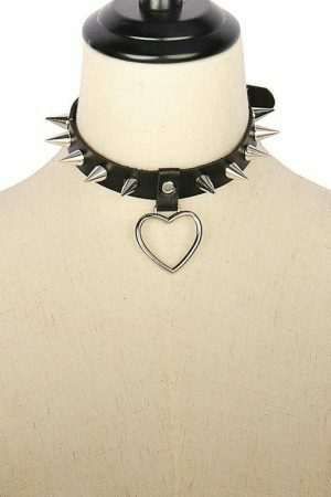 Handmade PU Leather Choker with O-Ring Spike Rivets and Love Heart Detail