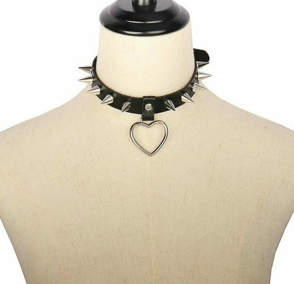 Handmade PU Leather Choker with O-Ring Spike Rivets and Love Heart Detail