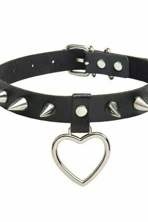 Handmade PU Leather Choker with O-Ring Spike Rivets and Love Heart Detail