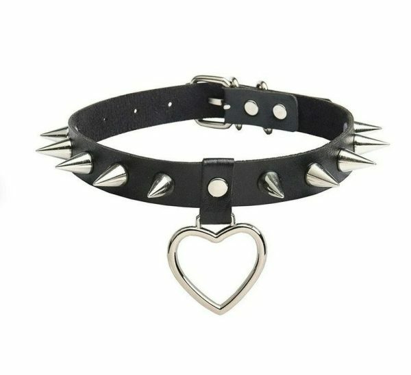 Handmade PU Leather Choker with O-Ring Spike Rivets and Love Heart Detail