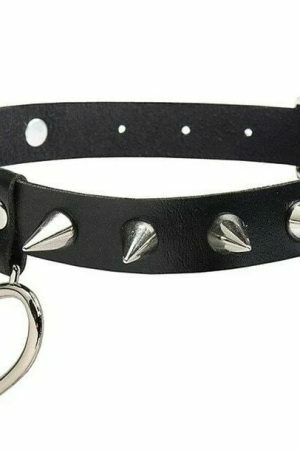 Handmade PU Leather Choker with O-Ring Spike Rivets and Love Heart Detail