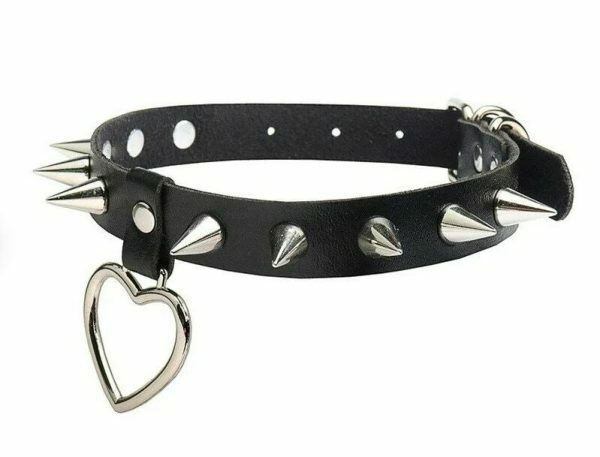 Handmade PU Leather Choker with O-Ring Spike Rivets and Love Heart Detail