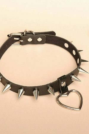 Handmade PU Leather Choker with O-Ring Spike Rivets and Love Heart Detail