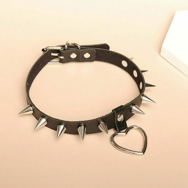 Handmade PU Leather Choker with O-Ring Spike Rivets and Love Heart Detail