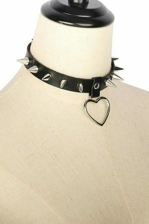 Handmade PU Leather Choker with O-Ring Spike Rivets and Love Heart Detail