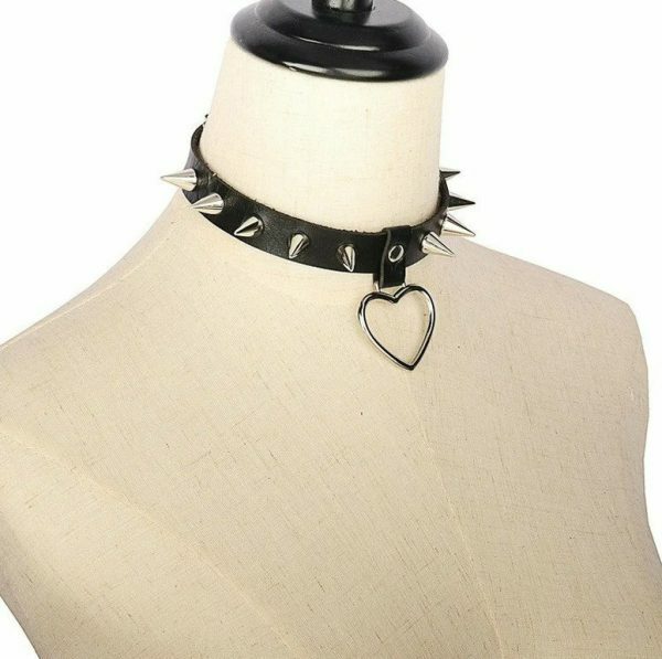 Handmade PU Leather Choker with O-Ring Spike Rivets and Love Heart Detail