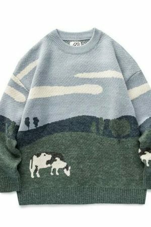 Harajuku Cow Print Oversized Sweater Y2K Streetwear Embroidered Knitwear