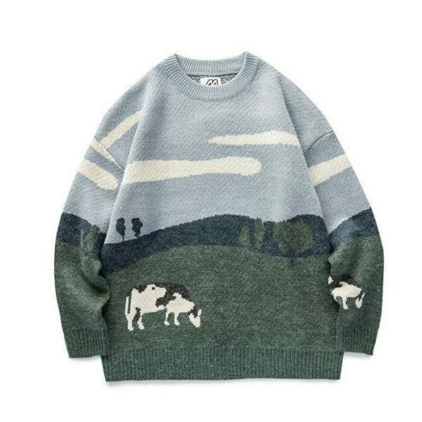 Harajuku Cow Print Oversized Sweater Y2K Streetwear Embroidered Knitwear