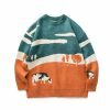 Harajuku Cow Print Oversized Sweater Y2K Streetwear Embroidered Knitwear