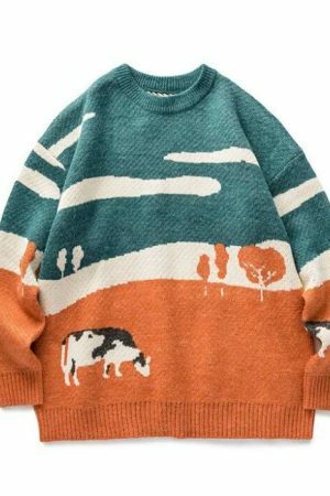 Harajuku Cow Print Oversized Sweater Y2K Streetwear Embroidered Knitwear