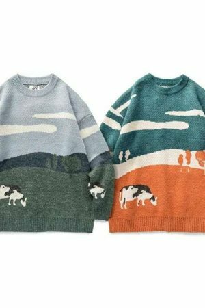 Harajuku Cow Print Oversized Sweater Y2K Streetwear Embroidered Knitwear