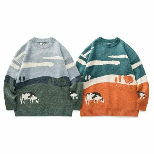 Harajuku Cow Print Oversized Sweater Y2K Streetwear Embroidered Knitwear