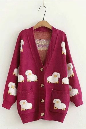 Harajuku Sheep Cardigan: Animal Pattern Knit Sweater, Korean Streetwear Y2K Fashion Top