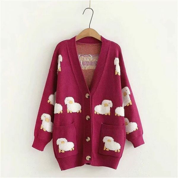 Harajuku Sheep Cardigan: Animal Pattern Knit Sweater, Korean Streetwear Y2K Fashion Top